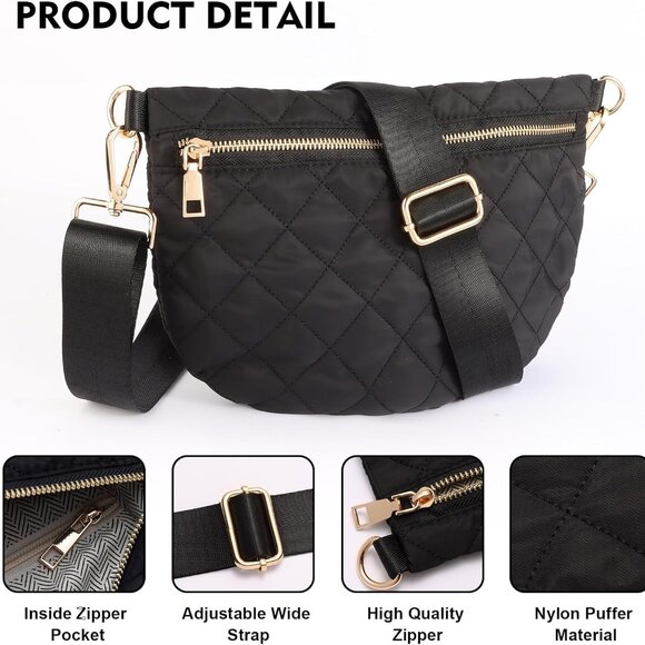 Black Quilted Puffer Crossbody Bag for Women with Adjustable Strap and Large Cap - Picture 5 of 6